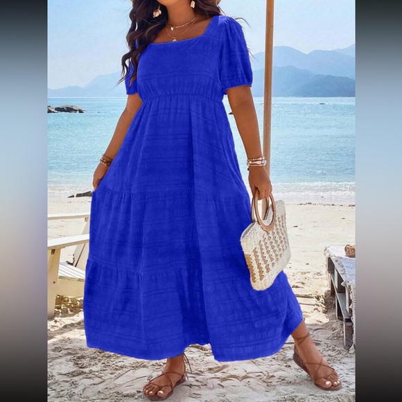 Boho plus size comfy square neck puff sleeve ruffle hem maxi dress - Picture 2 of 16